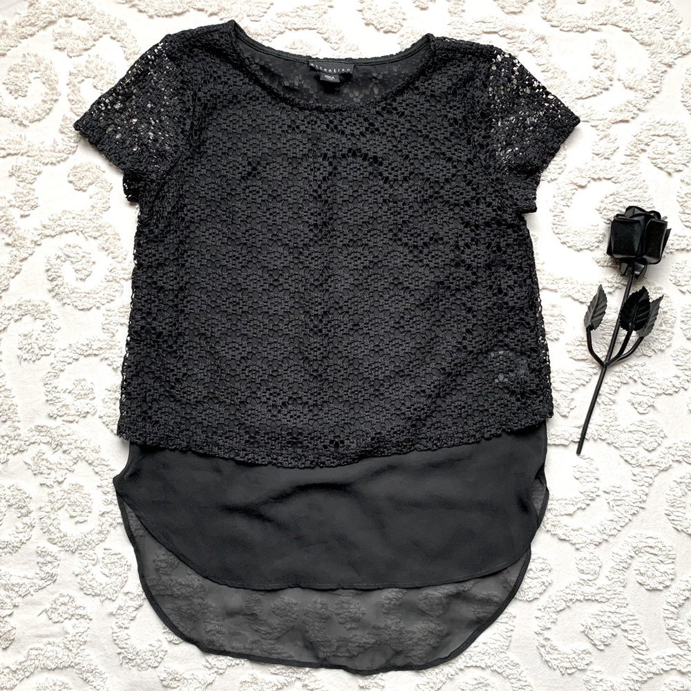 All Black Sheer top w Crochet Lace Overlay xs